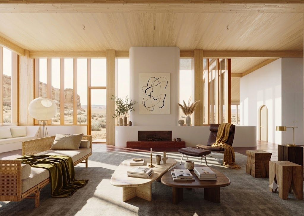 Mass timber interior living room with pale CLT ceiling, floor-to-ceiling glazing, and warm furnishings