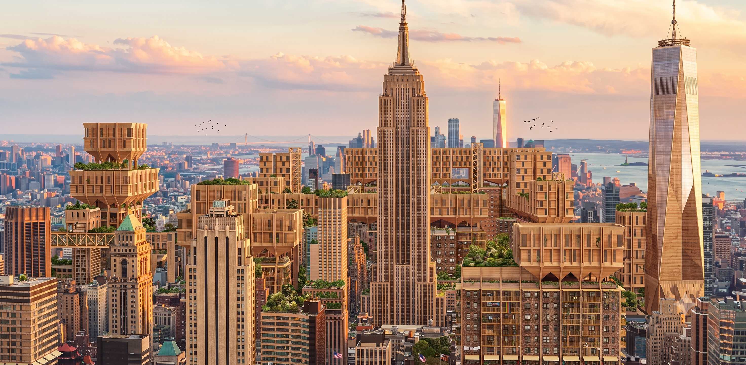 Futuristic NYC skyline at golden hour with mass timber buildings featuring warm CLT facades and rooftop gardens surrounding the Empire State Building